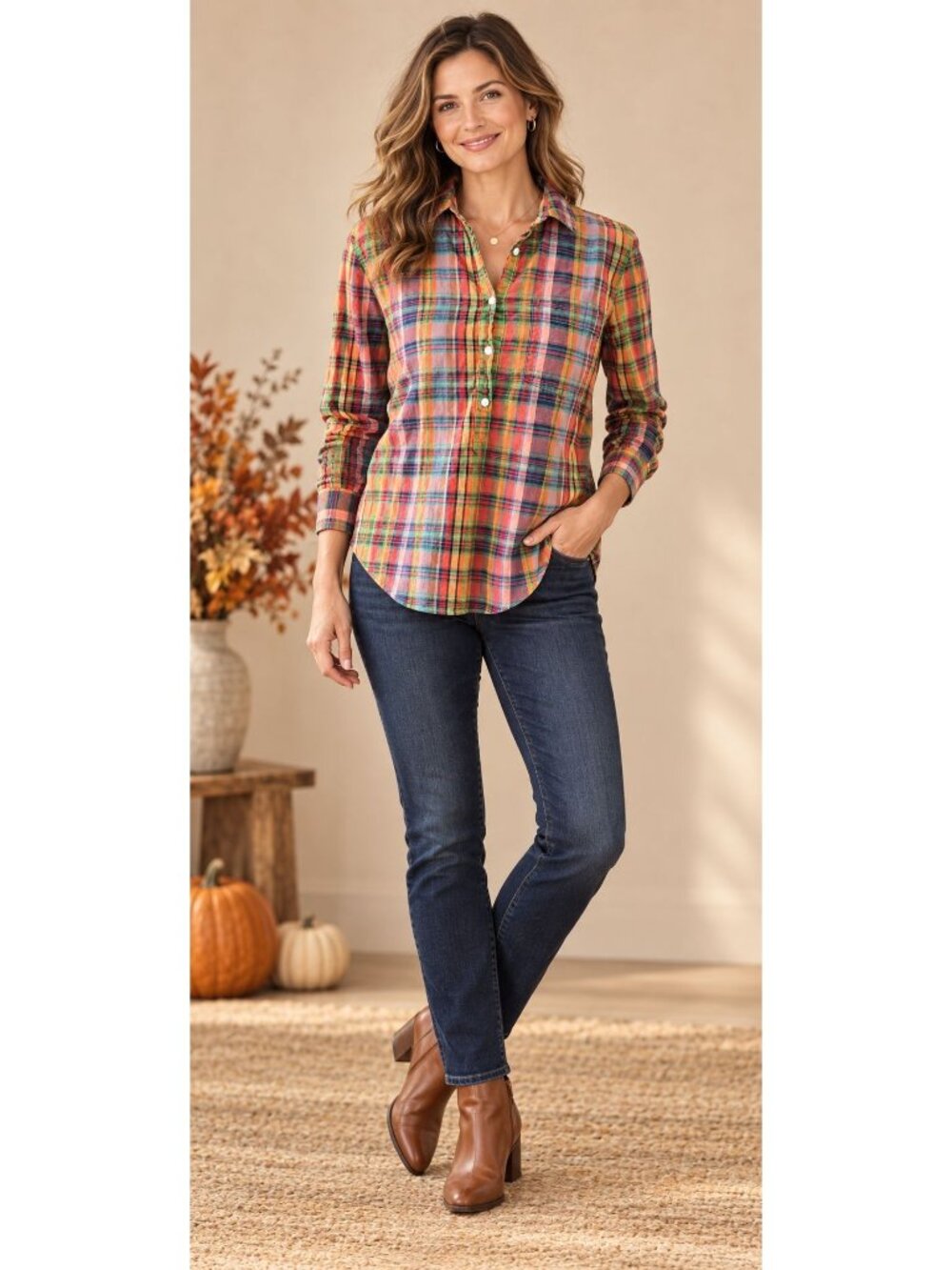 J.Crew Factory madras plaid boy-fit popover shirt  Size S Fall Colorful Bohemian